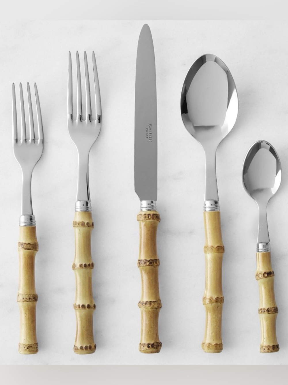 Sabre Paris Light Bamboo 18/10 Stainless Steel 5 pc Flatware Set NIB Retail $115